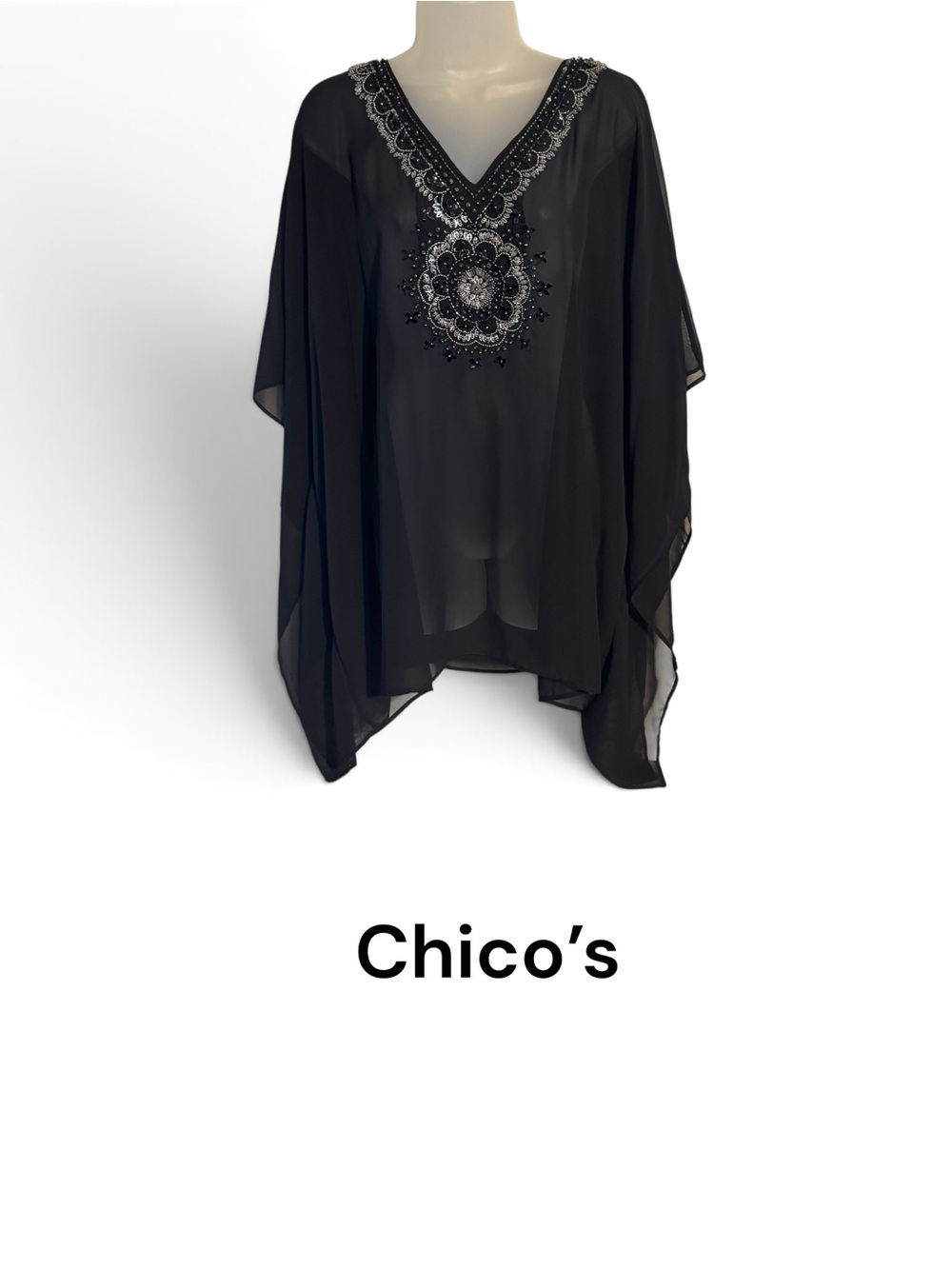 STUNNING!!  Chico's Black Beaded V-Neck Poncho Tunic LARGE/XLARGE    #X